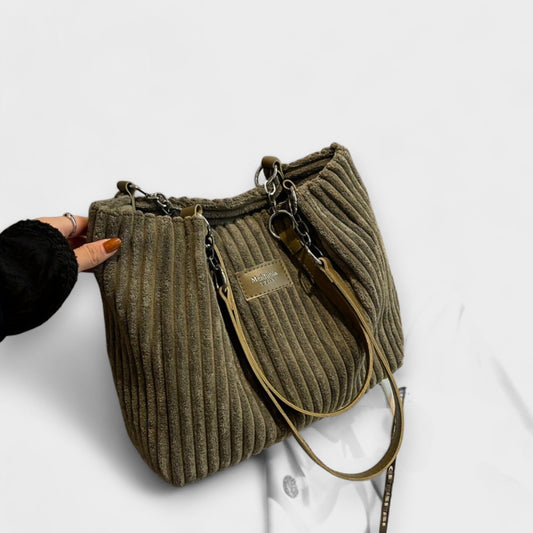 Effortless Olive Corduroy Tote Bag for Women with Chain Strap Shoulder Casual Style