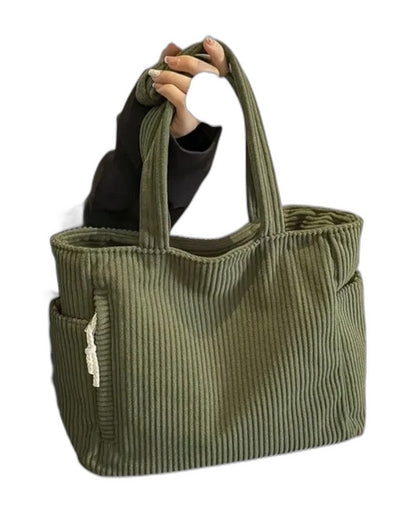 Effortless Olive Corduroy Tote Bag for Women with Pockets Casual Style
