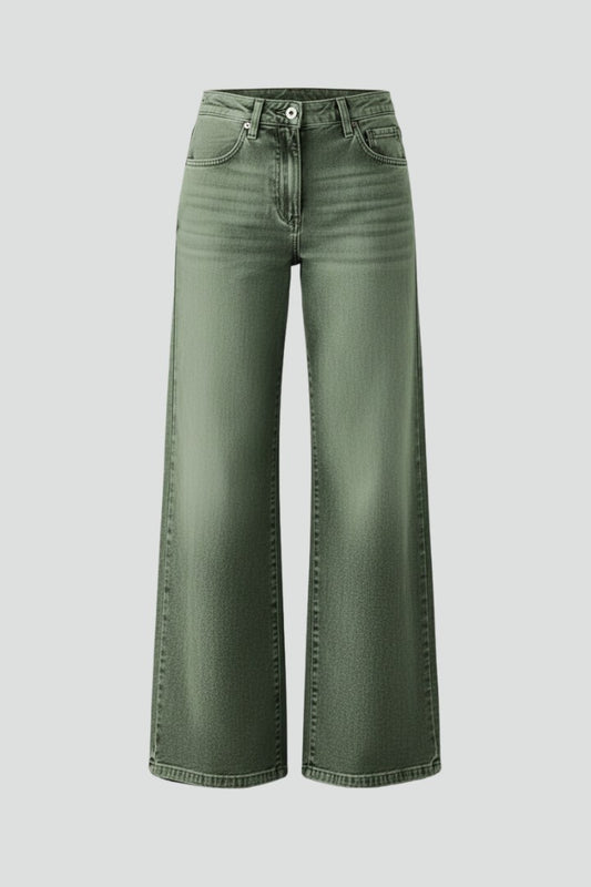 Effortless Olive Denim Wide Leg Pants for Women with High Waisted Casual Style