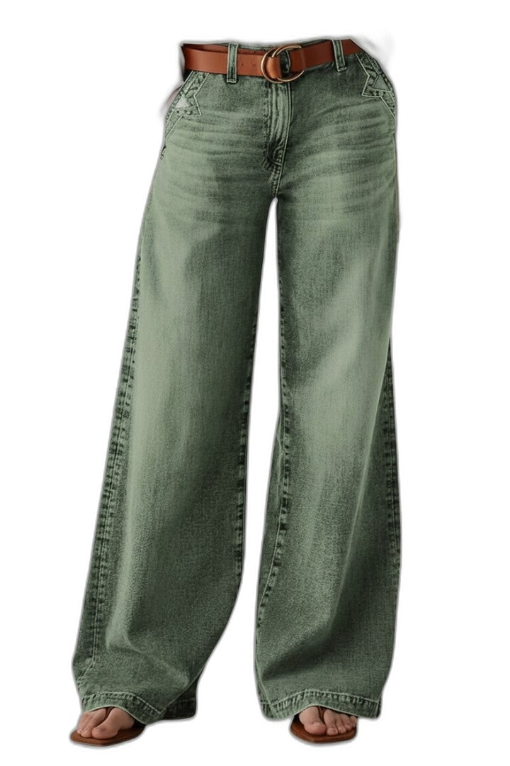Effortless Olive Denim Wide Leg Pants for Women with High Waisted Casual Style