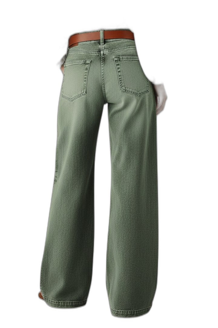 Effortless Olive Denim Wide Leg Pants for Women with High Waisted Casual Style