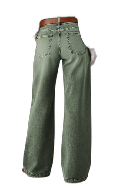 Effortless Olive Denim Wide Leg Pants for Women with High Waisted Casual Style