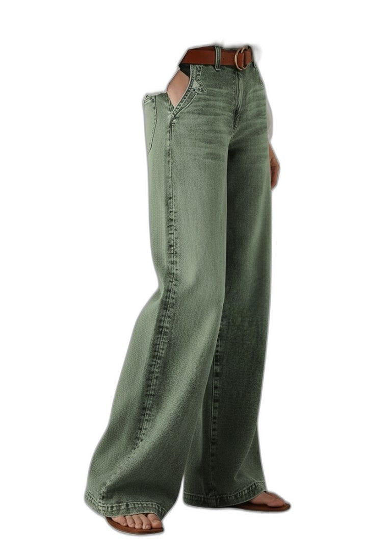 Effortless Olive Denim Wide Leg Pants for Women with High Waisted Casual Style