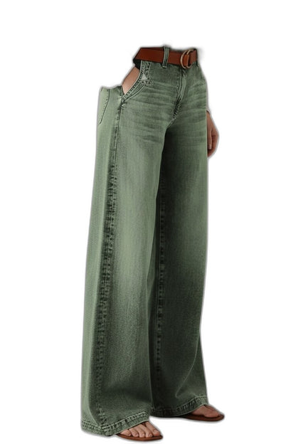 Effortless Olive Denim Wide Leg Pants for Women with High Waisted Casual Style