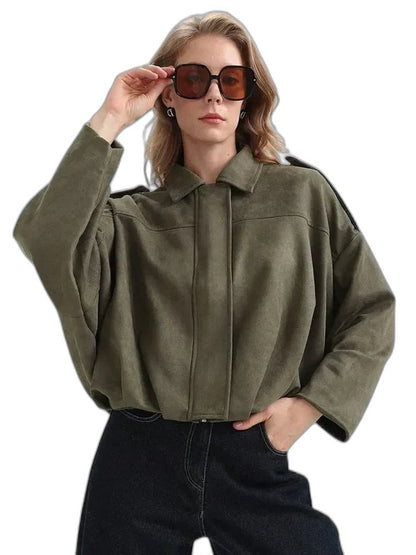 Effortless Olive Knit Sweater for Women with Collared Long Sleeve Oversized Casual Style