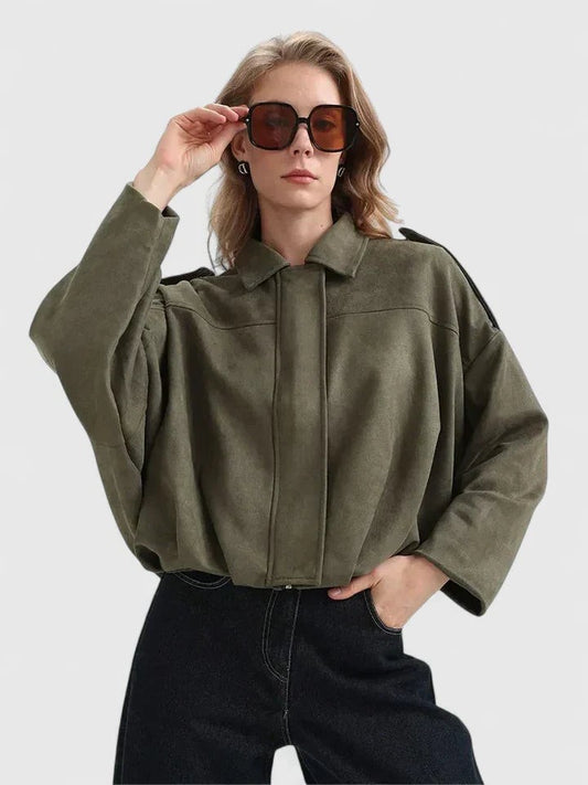 Effortless Olive Knit Sweater for Women with Collared Long Sleeve Oversized Casual Style