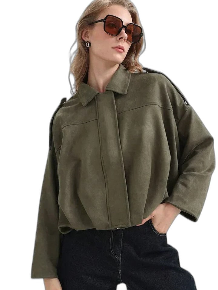 Effortless Olive Knit Sweater for Women with Collared Long Sleeve Oversized Casual Style