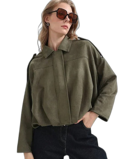 Effortless Olive Knit Sweater for Women with Collared Long Sleeve Oversized Casual Style