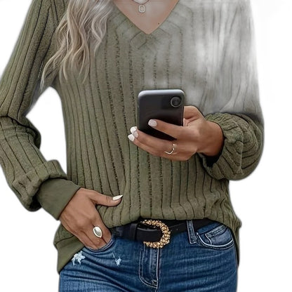 Effortless Olive Knit Sweater for Women with V Neck Long Sleeve Casual Style