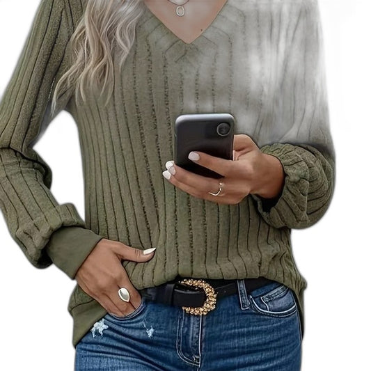 Effortless Olive Knit Sweater for Women with V Neck Long Sleeve Casual Style