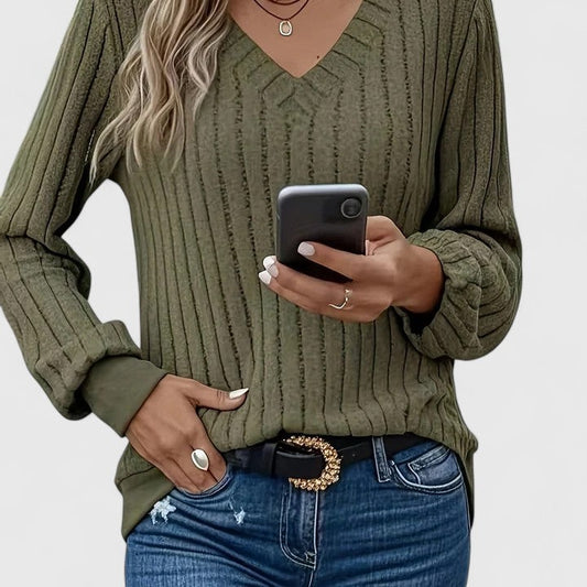 Effortless Olive Knit Sweater for Women with V Neck Long Sleeve Casual Style