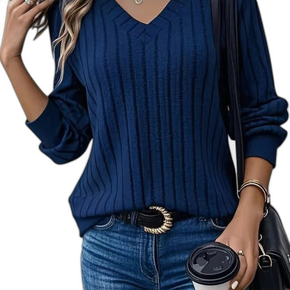 Effortless Olive Knit Sweater for Women with V Neck Long Sleeve Casual Style
