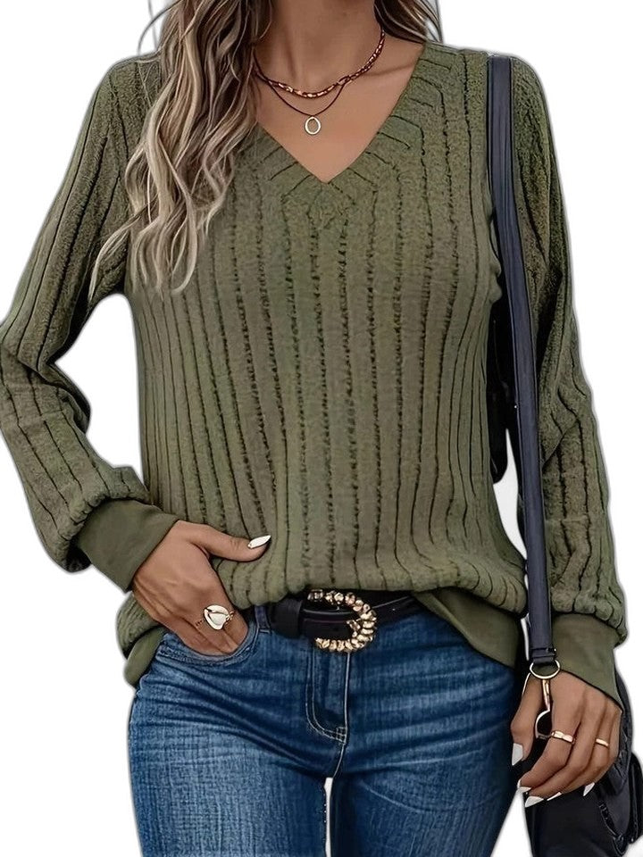 Effortless Olive Knit Sweater for Women with V Neck Long Sleeve Casual Style
