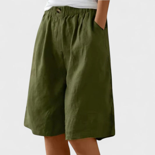 Effortless Olive Linen Shorts for Women with High Waisted Pockets Casual Style