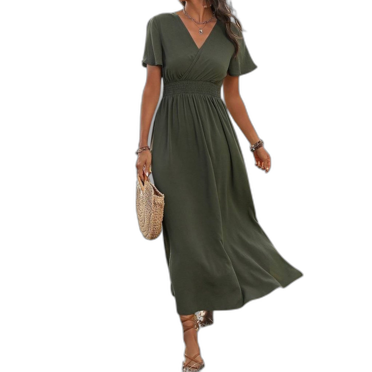 Effortless Olive Maxi Dress for Women with V Neck Short Sleeve Fit And Flare Empire Waist Casual Style