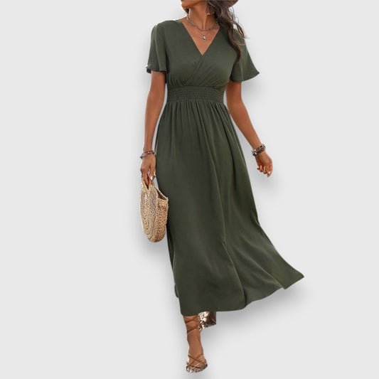 Effortless Olive Maxi Dress for Women with V Neck Short Sleeve Fit And Flare Empire Waist Casual Style