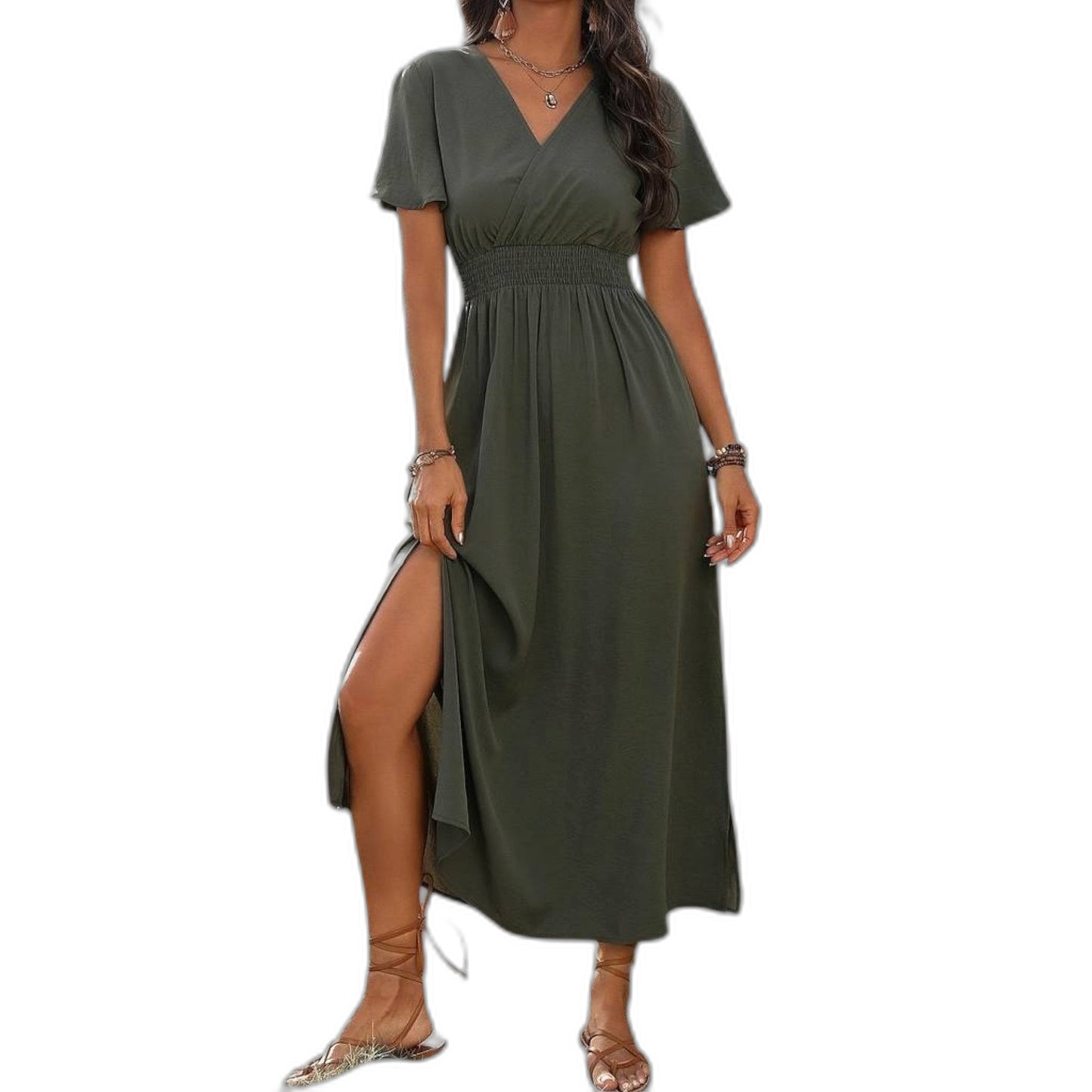 Effortless Olive Maxi Dress for Women with V Neck Short Sleeve Fit And Flare Empire Waist Casual Style
