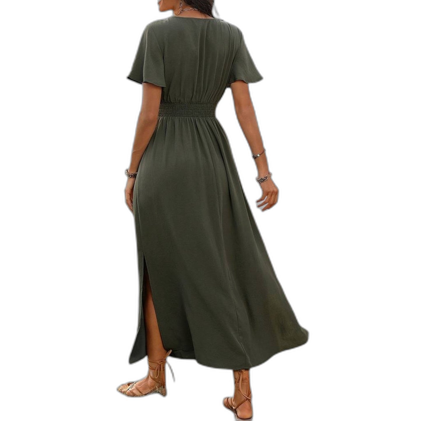 Effortless Olive Maxi Dress for Women with V Neck Short Sleeve Fit And Flare Empire Waist Casual Style
