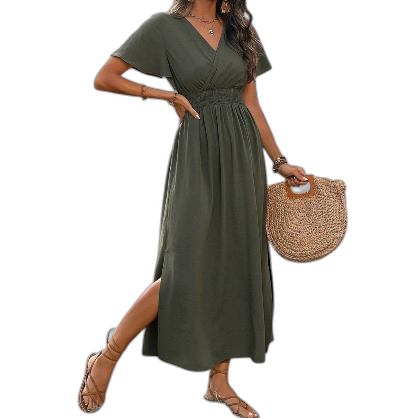Effortless Olive Maxi Dress for Women with V Neck Short Sleeve Fit And Flare Empire Waist Casual Style