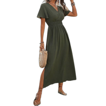 Effortless Olive Maxi Dress for Women with V Neck Short Sleeve Fit And Flare Empire Waist Casual Style