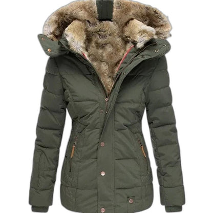 Effortless Olive Puffer Jacket for Women with Long Sleeve Pockets Fur Lined Casual Style
