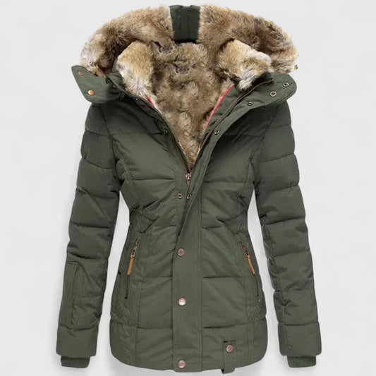 Effortless Olive Puffer Jacket for Women with Long Sleeve Pockets Fur Lined Casual Style