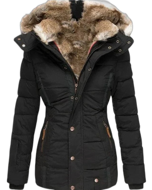 Effortless Olive Puffer Jacket for Women with Long Sleeve Pockets Fur Lined Casual Style