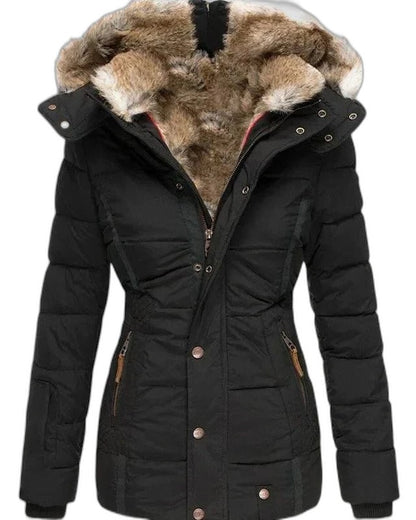 Effortless Olive Puffer Jacket for Women with Long Sleeve Pockets Fur Lined Casual Style