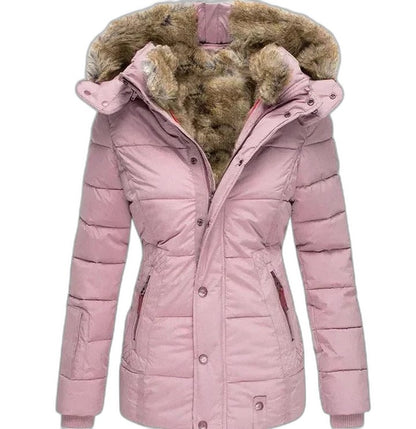 Effortless Olive Puffer Jacket for Women with Long Sleeve Pockets Fur Lined Casual Style