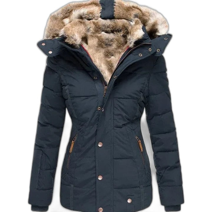 Effortless Olive Puffer Jacket for Women with Long Sleeve Pockets Fur Lined Casual Style