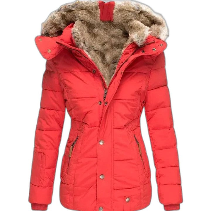 Effortless Olive Puffer Jacket for Women with Long Sleeve Pockets Fur Lined Casual Style