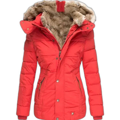 Effortless Olive Puffer Jacket for Women with Long Sleeve Pockets Fur Lined Casual Style