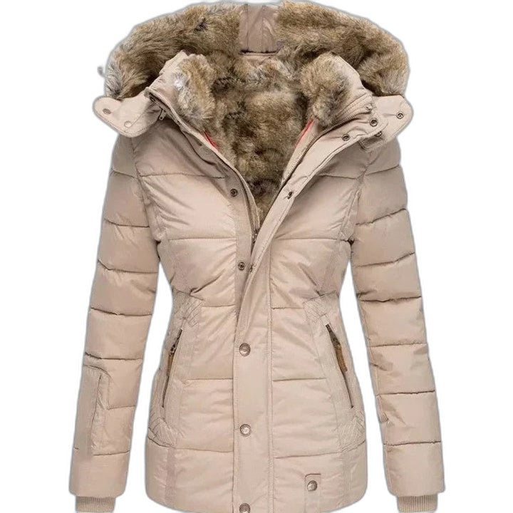 Effortless Olive Puffer Jacket for Women with Long Sleeve Pockets Fur Lined Casual Style