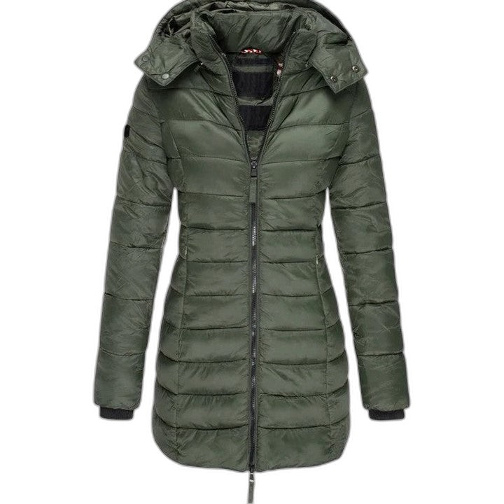 Effortless Olive Puffer Jacket for Women with Long Sleeve Pockets Quilted Casual Style