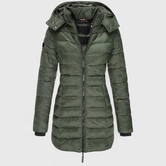 Effortless Olive Puffer Jacket for Women with Long Sleeve Pockets Quilted Casual Style