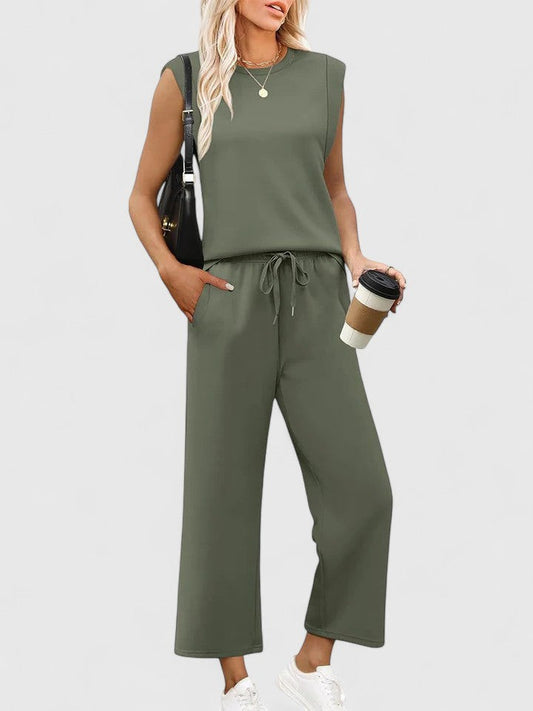 Effortless Olive Two Piece Set for Women with Wide Leg Pockets Casual Style