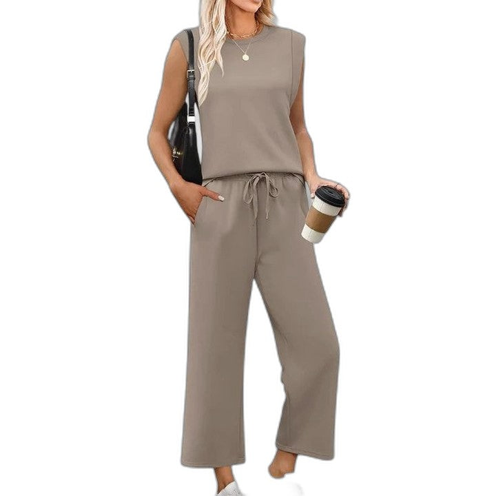 Effortless Olive Two Piece Set for Women with Wide Leg Pockets Casual Style