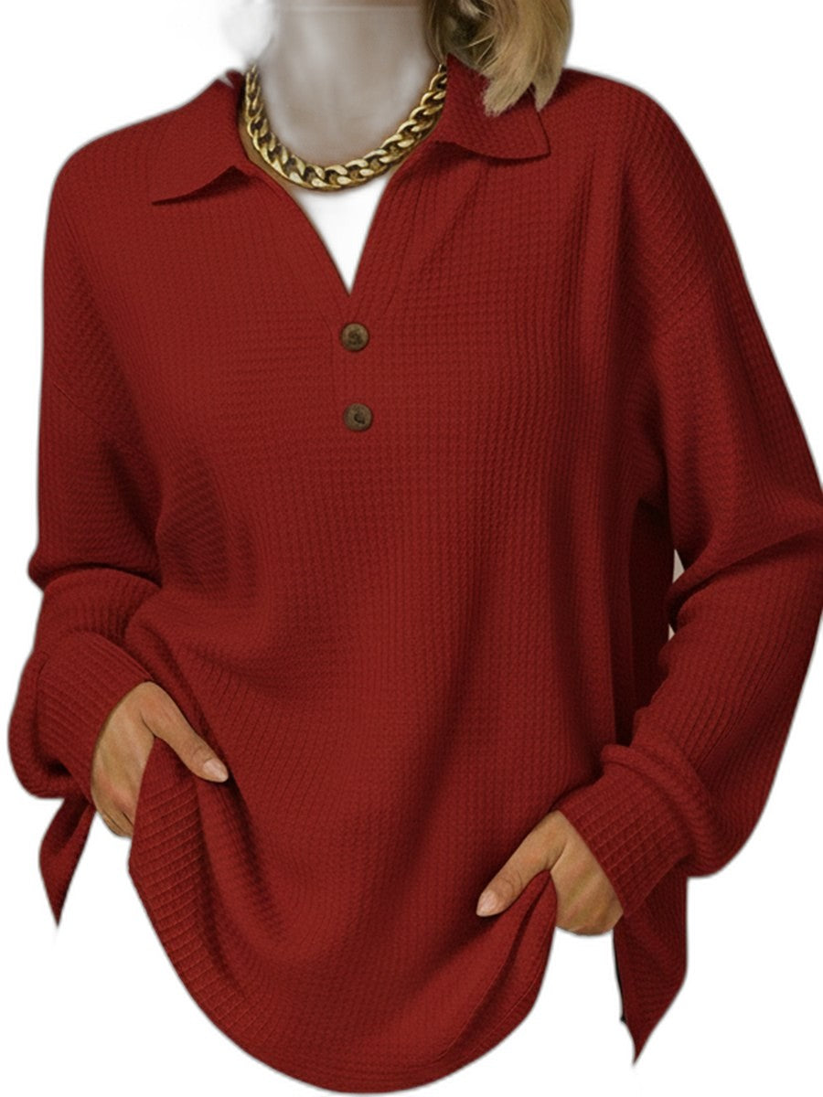 Effortless Orange Knit Blouse for Women with Collared Long Sleeve Button Front Casual Style