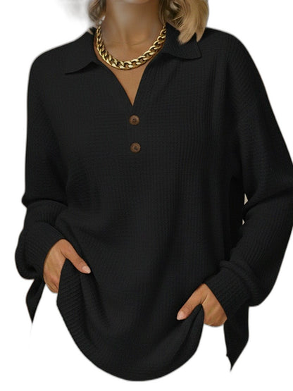 Effortless Orange Knit Blouse for Women with Collared Long Sleeve Button Front Casual Style