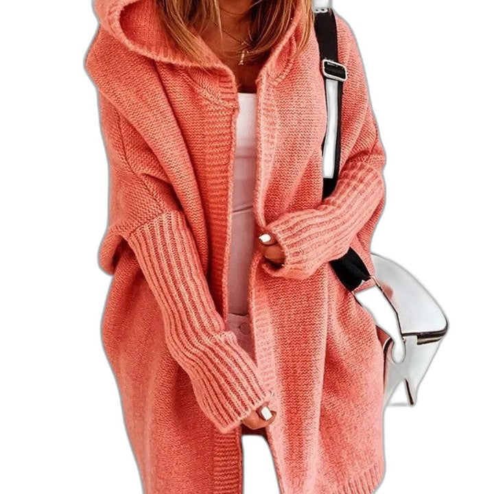 Effortless Orange Knit Cardigan Sweater for Women with Long Sleeve Oversized Pockets Casual Style