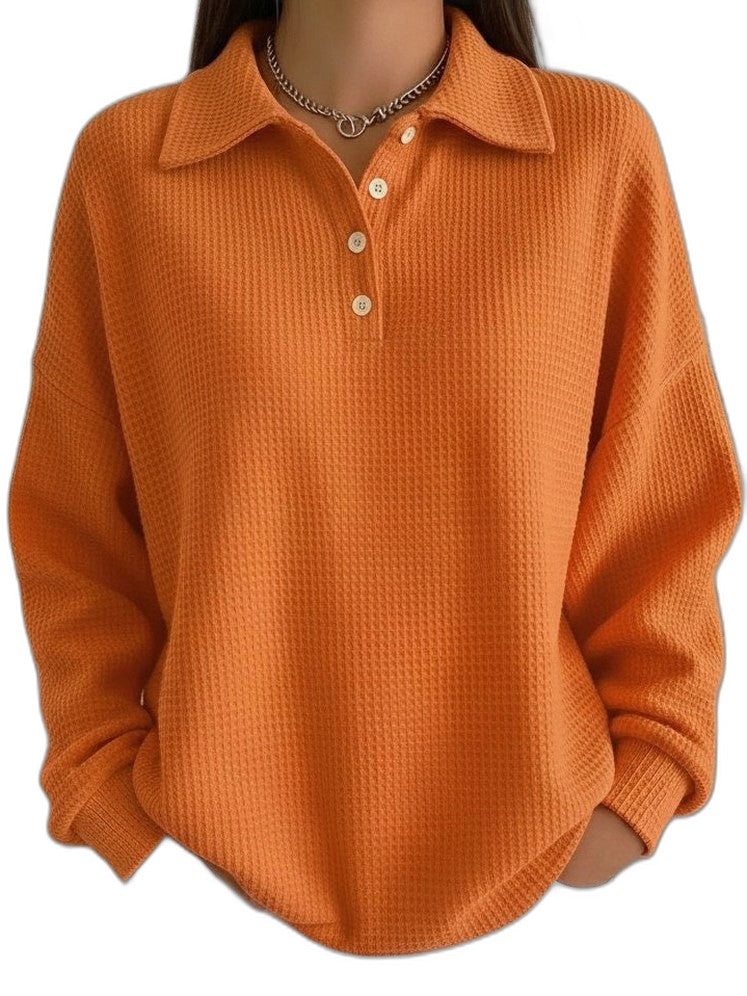 Effortless Orange Knit Sweater for Women with Collared Long Sleeve Button Front Oversized Pockets Casual Style