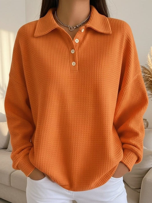Effortless Orange Knit Sweater for Women with Collared Long Sleeve Button Front Oversized Pockets Casual Style