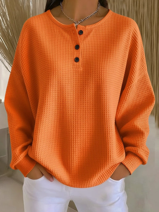Effortless Orange Knit Sweater for Women with Crew Neck Long Sleeve Button Front Oversized Casual Style