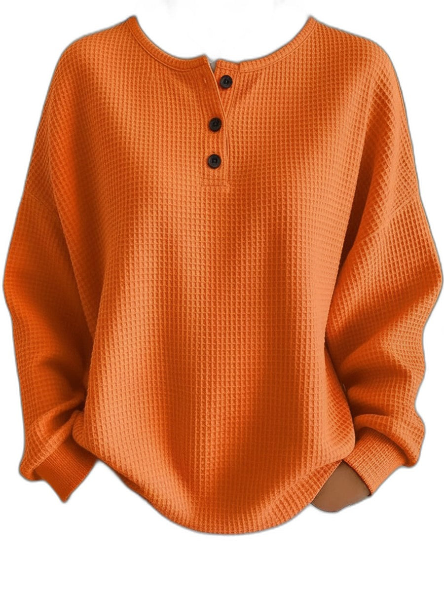 Effortless Orange Knit Sweater for Women with Crew Neck Long Sleeve Button Front Oversized Casual Style