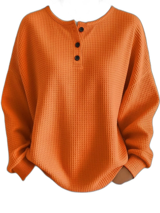 Effortless Orange Knit Sweater for Women with Crew Neck Long Sleeve Button Front Oversized Casual Style
