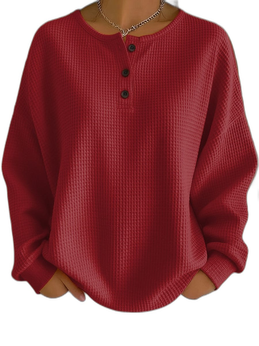 Effortless Orange Knit Sweater for Women with Crew Neck Long Sleeve Button Front Oversized Casual Style