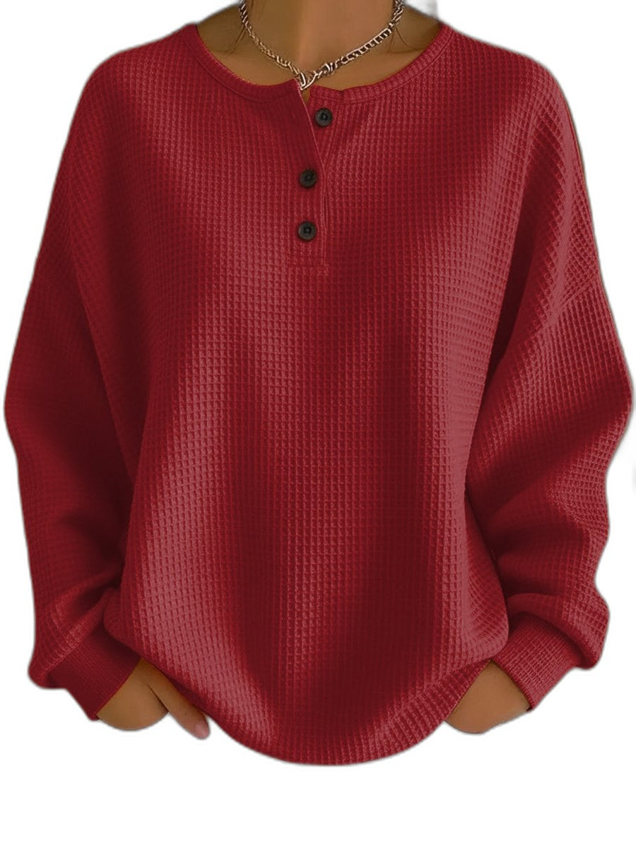 Effortless Orange Knit Sweater for Women with Crew Neck Long Sleeve Button Front Oversized Casual Style