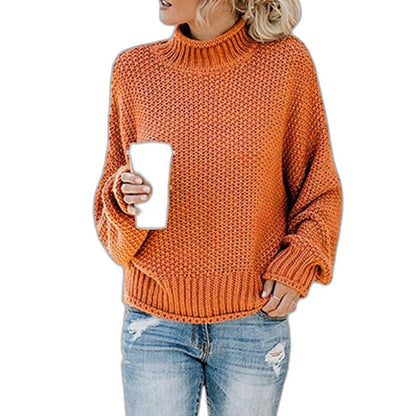 Effortless Orange Knit Sweater for Women with Turtleneck Long Sleeve Oversized Casual Style