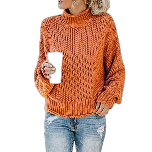 Effortless Orange Knit Sweater for Women with Turtleneck Long Sleeve Oversized Casual Style