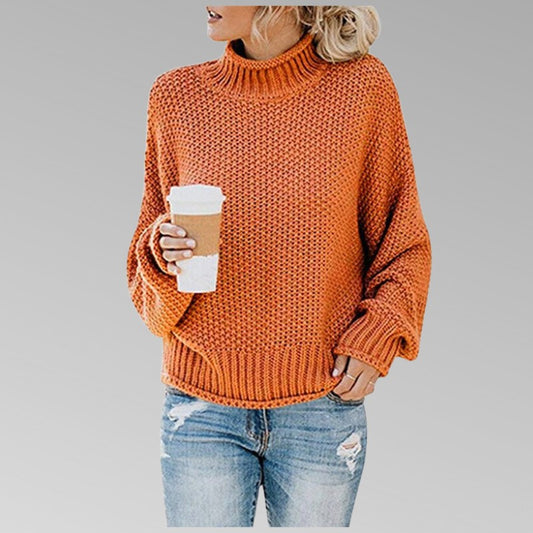 Effortless Orange Knit Sweater for Women with Turtleneck Long Sleeve Oversized Casual Style